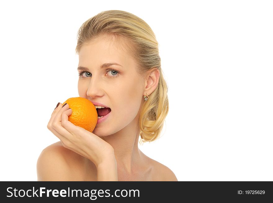 Beautiful woman with oranges isolated on white