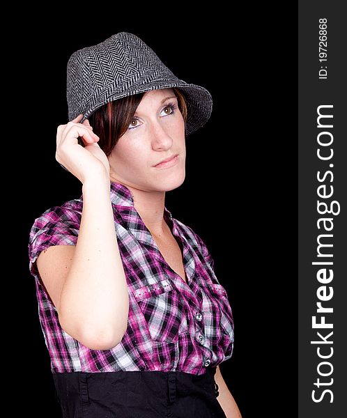 Pretty Girl in a Pink and Black Shirt and a Hat