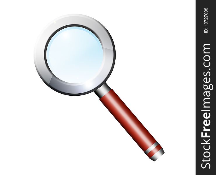 Silver and red magnifying glass over white background