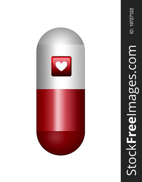 Red and white pill isolated with heart over white background