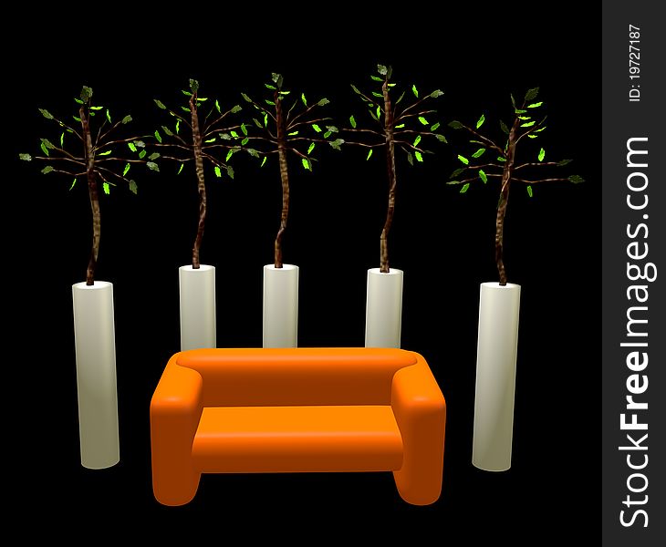 Composition a sofa under trees on a black background