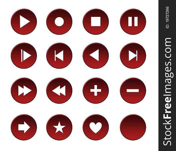 Red media buttons set over black background.illustration