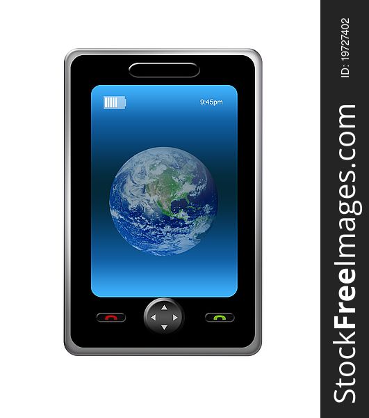 Black cell with blue and planet background over white background.illustration