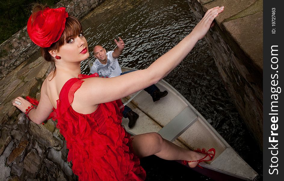 Lady in red leaving her boyfriend for another man. Lady in red leaving her boyfriend for another man