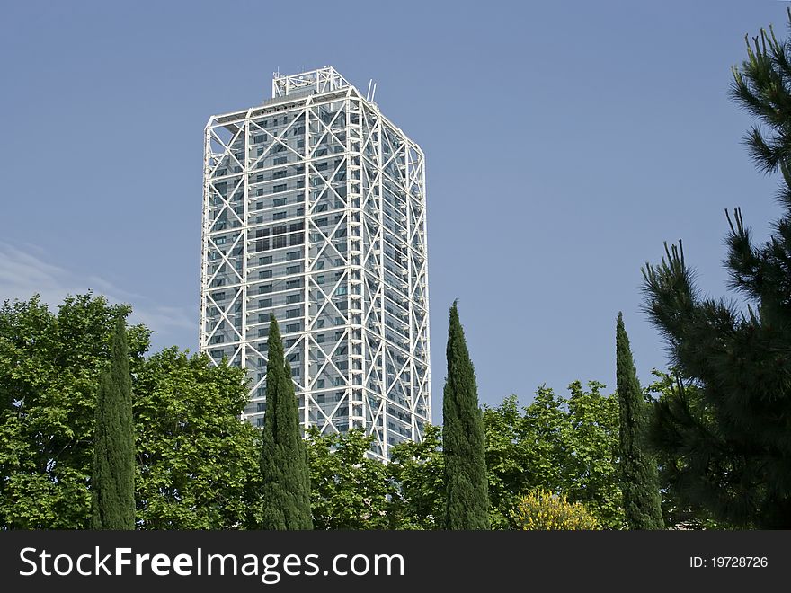 White tall office building, steel and glass, raw. White tall office building, steel and glass, raw