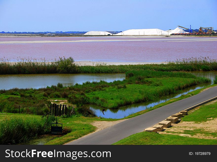 Salt production at Aigues-Mortes in the Camargue, France.