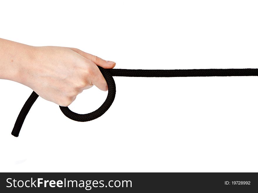 Hand holding rope isolated on white background