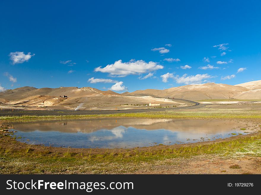 Beauty Icelandic landscape, summer sunny day. Namafjall - Iceland. Beauty Icelandic landscape, summer sunny day. Namafjall - Iceland