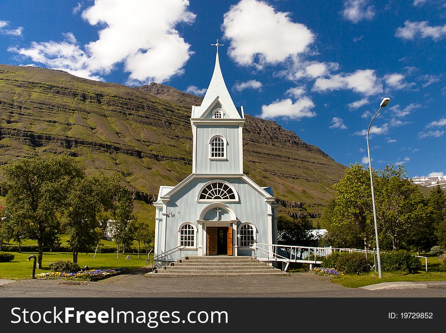 Wooden church in Seydisfjordur Iceland