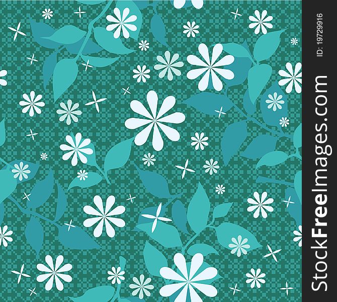 Seamless floral pattern. Branches, leaves and flowers in green. Seamless floral pattern. Branches, leaves and flowers in green