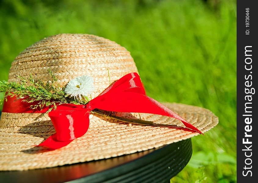 Old straw hat with red ribbon in the grass