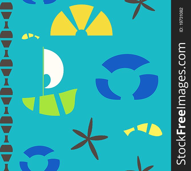 Vector sea objects seamless pattern in turquoise background