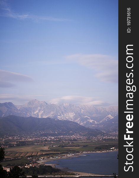 View of the apuan alps from Monte Marcello, Liguria, Italy