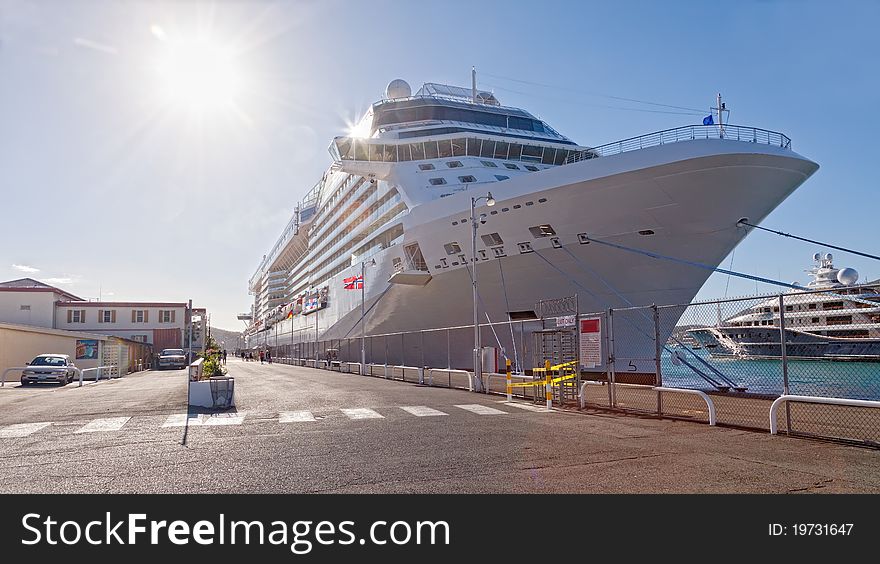 Cruise ship anchored in port at St. Thomas, Caribbean