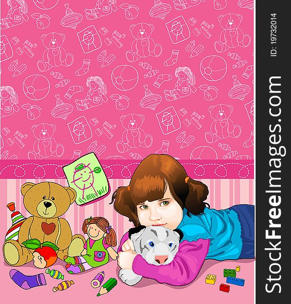 Children's pattern with toys for girl. Children's pattern with toys for girl