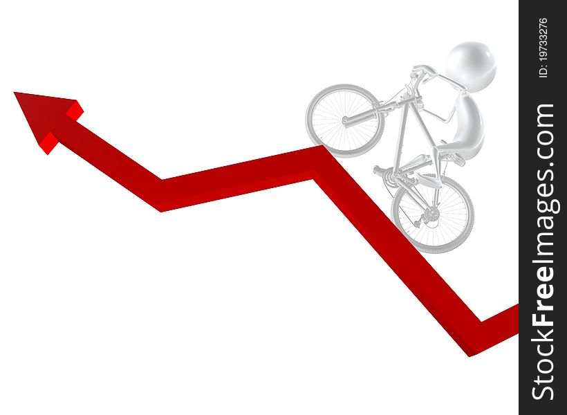 3d man riding his bicycle on the red arrow up, success. 3d man riding his bicycle on the red arrow up, success