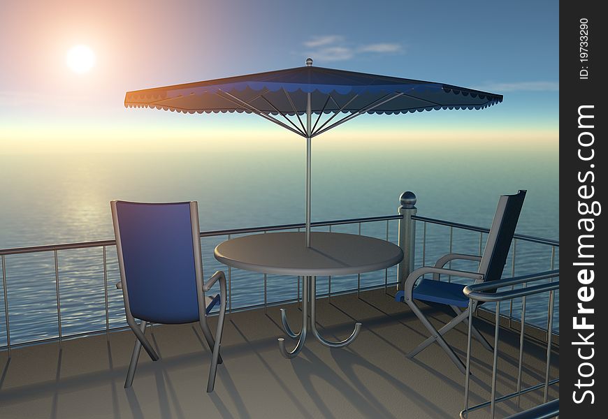 Umbrella and chair on a sea background. Umbrella and chair on a sea background