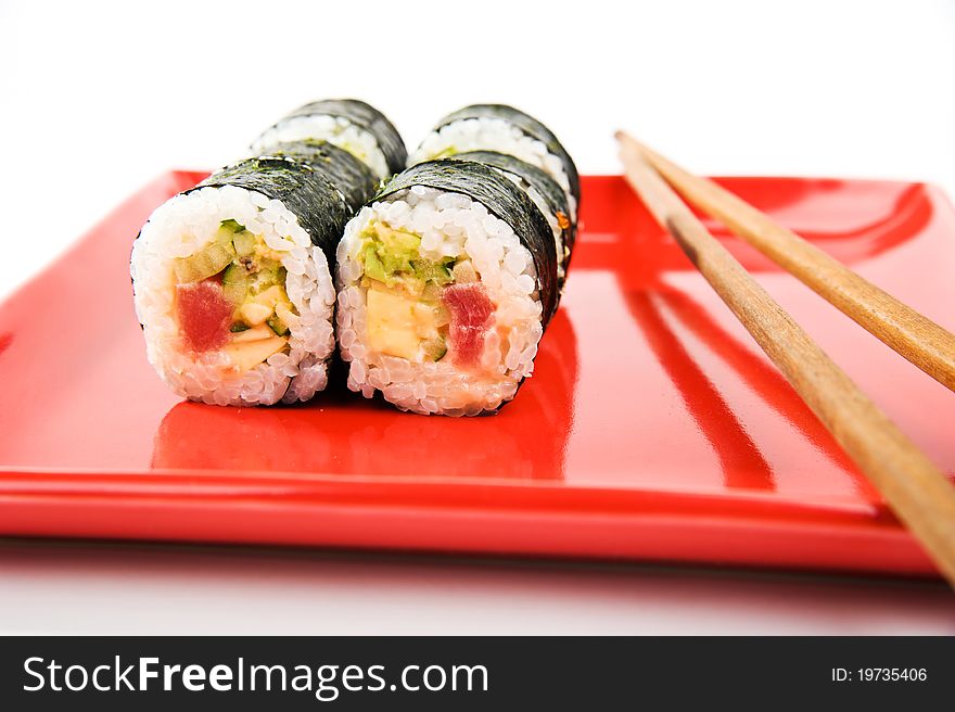 Japanese sushi rice, raw fish and seafood