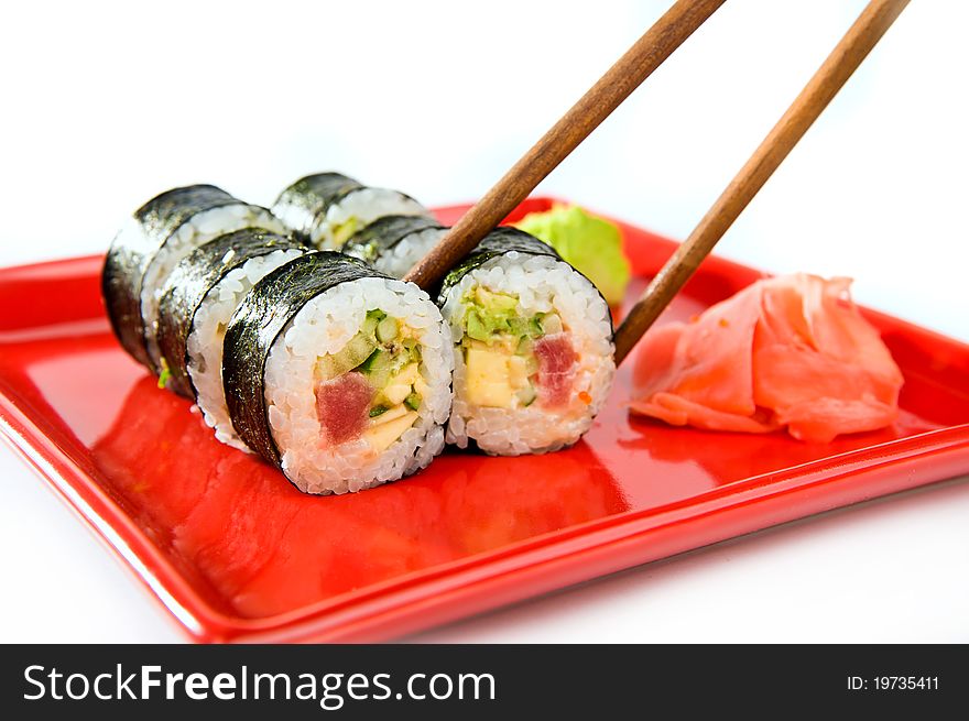 Japanese sushi rice, raw fish and seafood