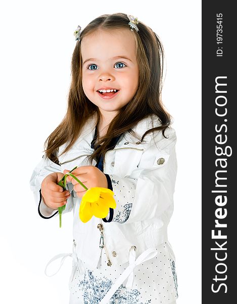 Little girl in studio on white background