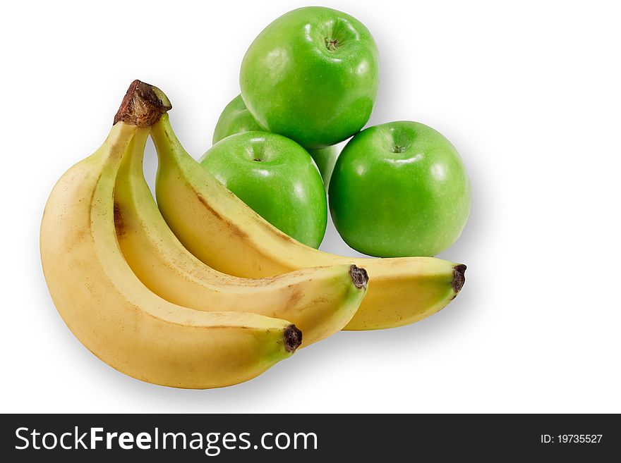 Ripe bananas and apples on a white background