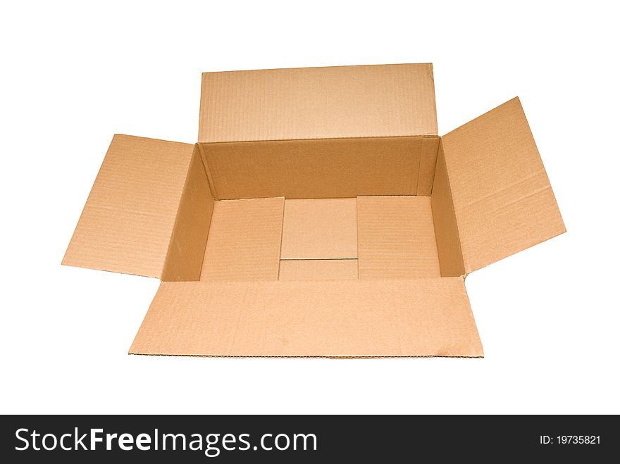 Empty cardboard box that has a wide width and short sides.  Isolated on white.  Studio shot. Empty cardboard box that has a wide width and short sides.  Isolated on white.  Studio shot.