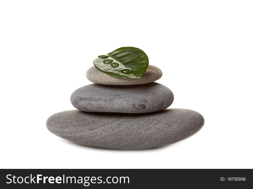 Zen Stone With Leaf,isolated On White.