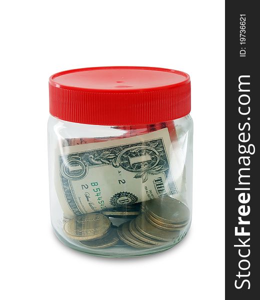 Money in jar, isolated on white