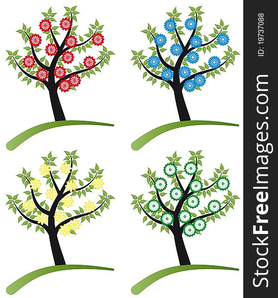 Set Of Tree Stylized With Flowers