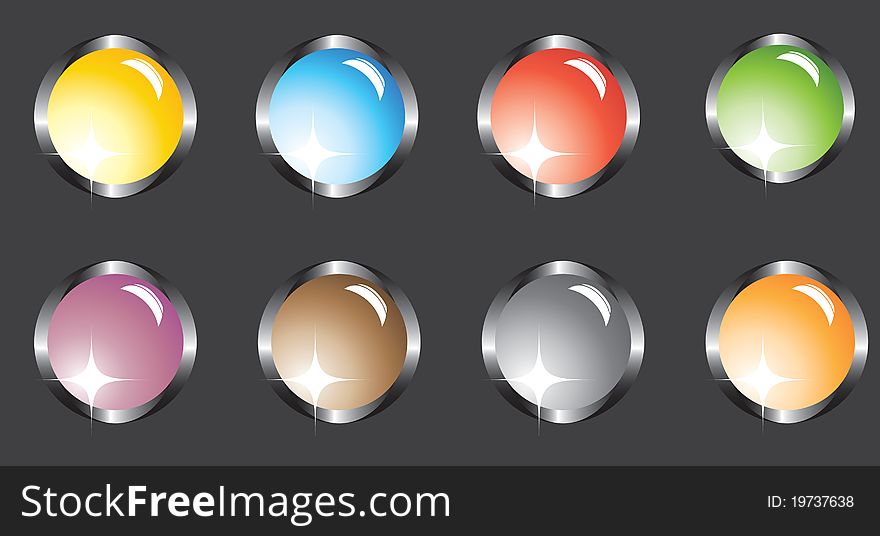 Eight multi-colored buttons on a black background