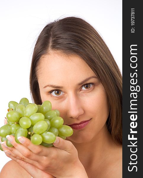 Young woman holding fresh grapes. Young woman holding fresh grapes