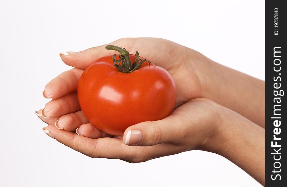 Woman's hands holding a red tomato