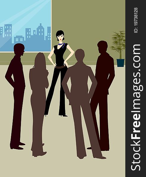 Professional young business woman or lady standing near office building with people or colleagues standing surround. Professional young business woman or lady standing near office building with people or colleagues standing surround