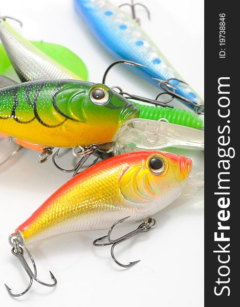 Multicolored fishing lures (wobblers) with hooks