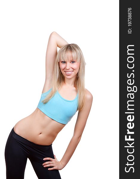 Young attractive, beautiful fitness woman smile, isolated over white background. Empty Copy space. Fitness sport Concept.