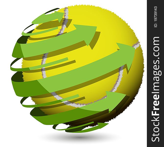 Illustration, tennis ball on abstract green background
