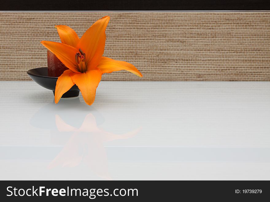 Lily flower on textured ceramic tile - background
