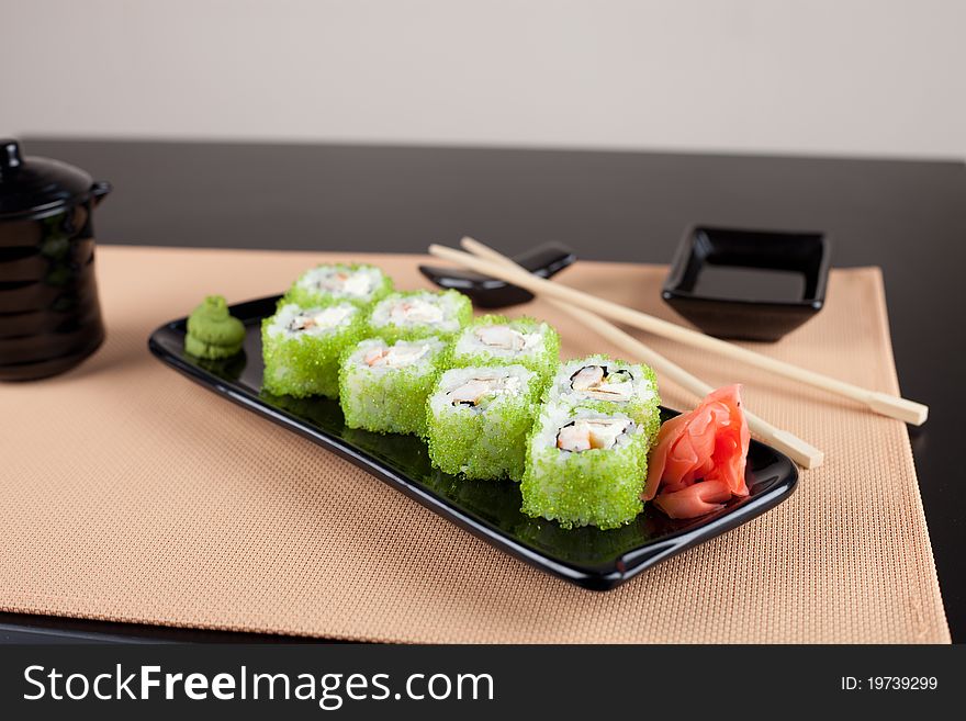 Place Setting With Green Tobiko Roll