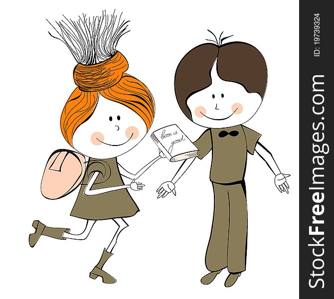 Cartoon style illustration of Girl and boy