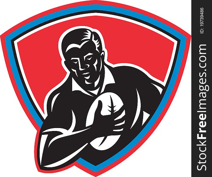 Illustration of a Rugby player running with ball viewed from front set inside shield done in retro style