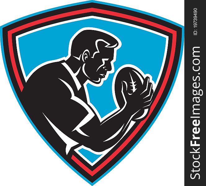 Illustration of a Rugby player running with ball viewed from front set inside shield done in retro style