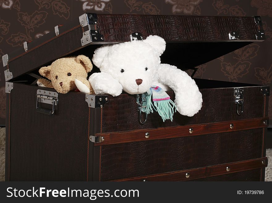 Two teddy bears coming out of a leather box. Two teddy bears coming out of a leather box
