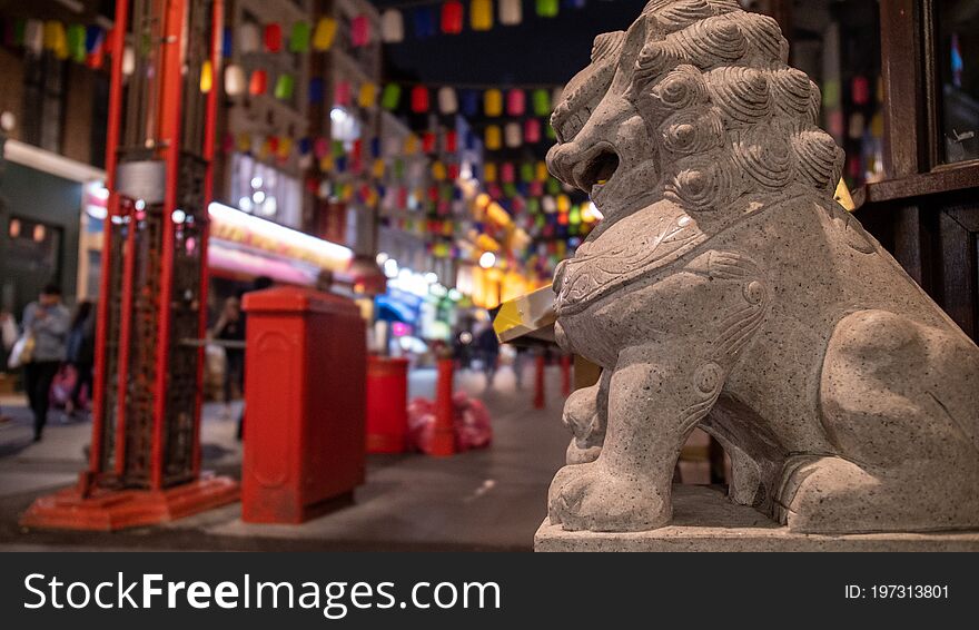 Lion statue in front of the china town gate London 25 Sep 2020. Lion statue in front of the china town gate London 25 Sep 2020