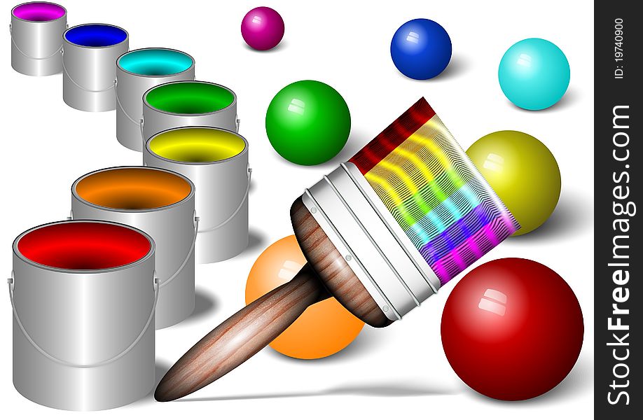 An illustration of a painting brush, cans and shiny balls painted in rainbow colors on white background. An illustration of a painting brush, cans and shiny balls painted in rainbow colors on white background