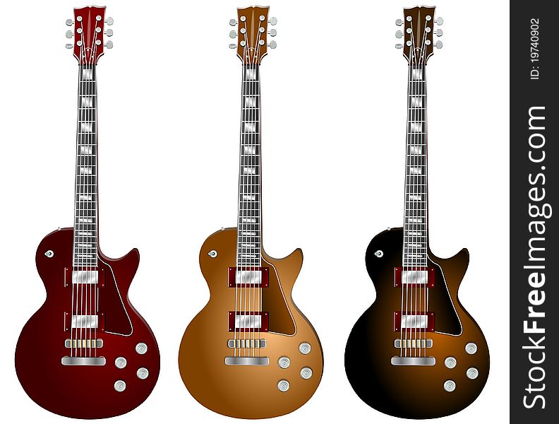 An illustration of an electric guitar in three different colors on a white background. An illustration of an electric guitar in three different colors on a white background