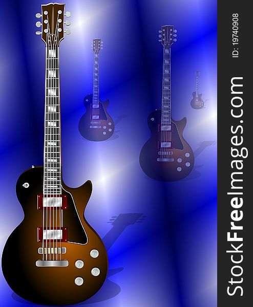 Black, gold and red electric guitar with white and blue background