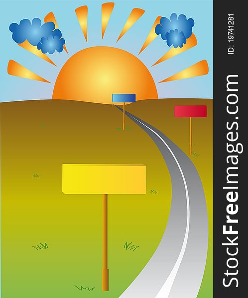 Illustration with blue and green, yellow, red, orange arrow, sign on background and yellow horizon