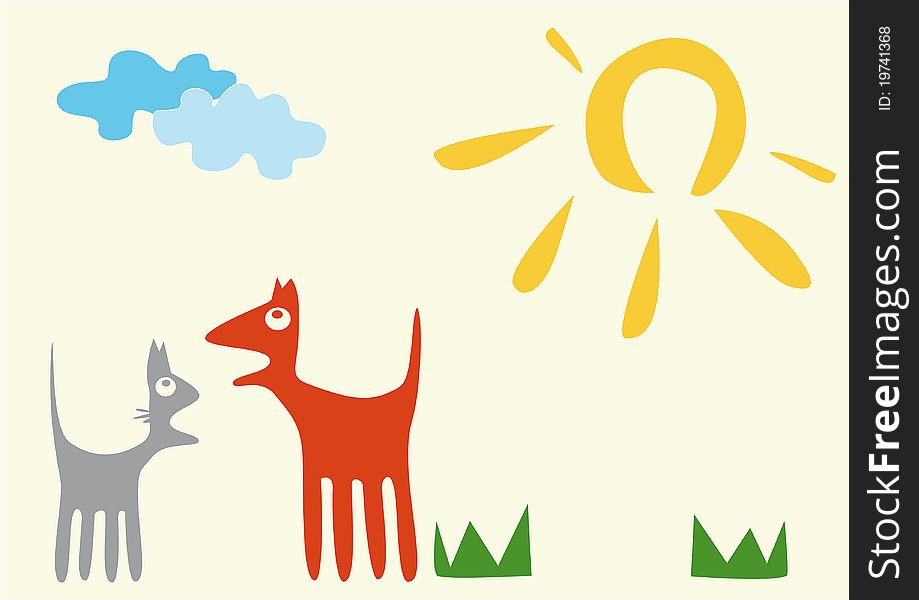 Illustration with blue and green, yellow, red, orange figure, sign on background and yellow horizon, dog and cat
