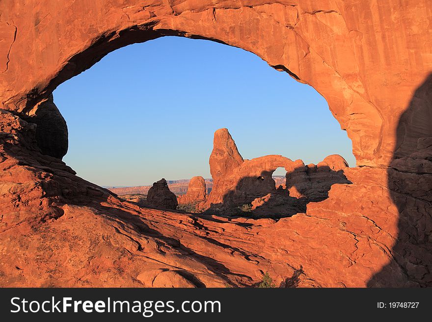 Turret Arch viewed through The North Window at Arches National Park. Turret Arch viewed through The North Window at Arches National Park