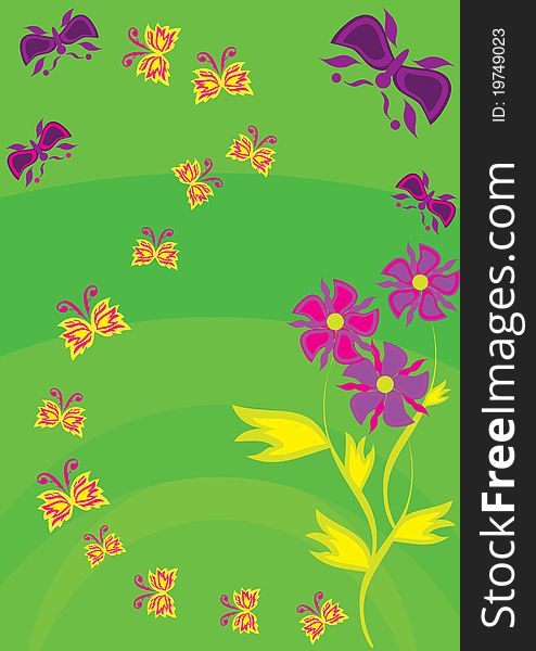 Abstract floral ornament with butterflies. Illustration.